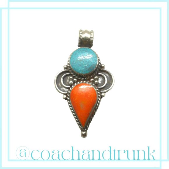 Turquoise Coral Inlay Natural Artisan Handcrafted Ornate Metal Work Pendant Only - Picture 1 of 3